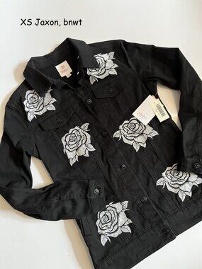 XS Lularoe Jaxon long jean jacket, black with white embroidered roses